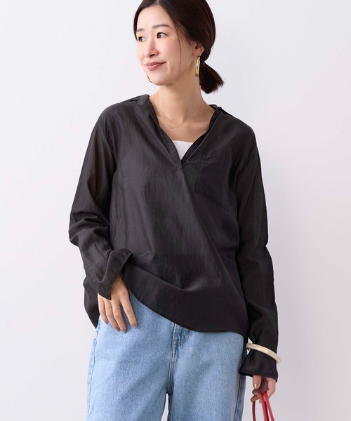 TICCAティッカ/ネイビー長袖シャツ/ポケット付き　スキッパー TICCA（ティッカ） ブラウス シャツ 「TICCA」コットンシルク