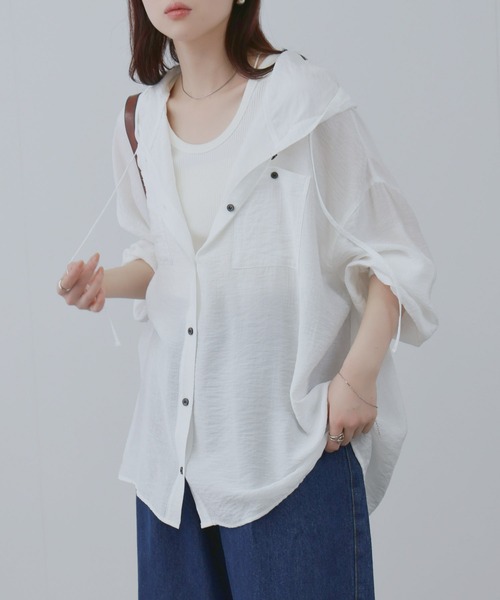 NAVY ブラウス シャツ ワッシャー シアー フード付きシャツ レディース