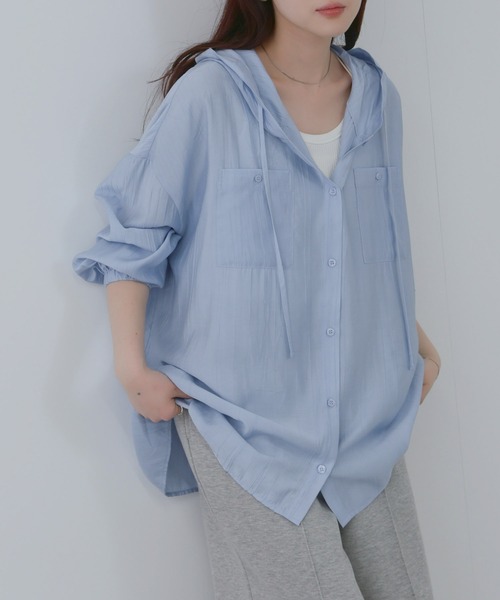 NAVY ブラウス シャツ ワッシャー シアー フード付きシャツ レディース