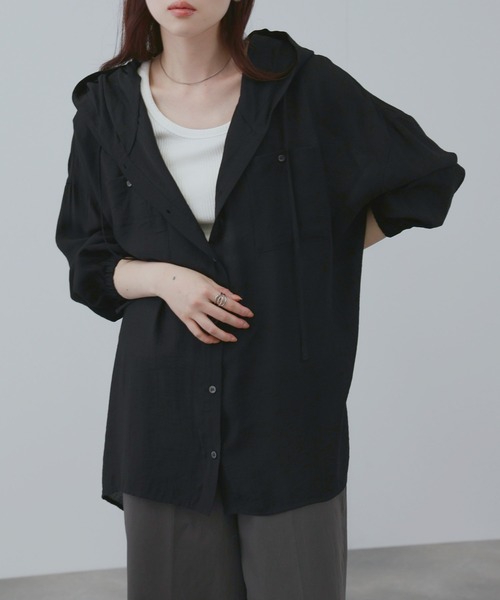 NAVY ブラウス シャツ ワッシャー シアー フード付きシャツ レディース