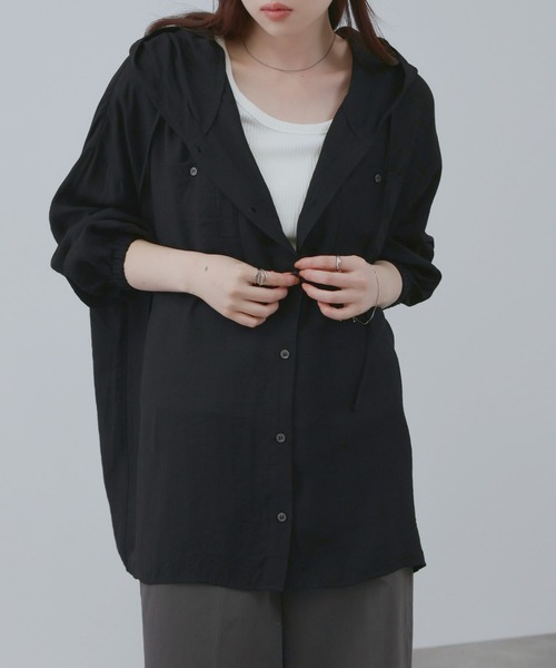 NAVY ブラウス シャツ ワッシャー シアー フード付きシャツ レディース