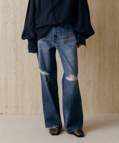 ワイドパンツ ジーンズ デニム デニムパンツ RIPPED JEANS/リップドジーンズ レディースの画像