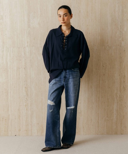 ワイドパンツ ジーンズ デニム デニムパンツ RIPPED JEANS/リップドジーンズ レディースの画像