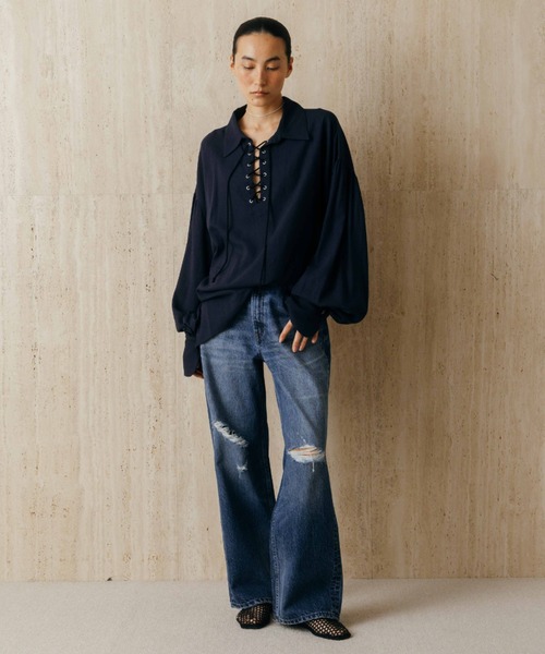 ワイドパンツ ジーンズ デニム デニムパンツ RIPPED JEANS/リップドジーンズ レディースの画像