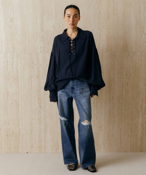 ワイドパンツ ジーンズ デニム デニムパンツ RIPPED JEANS/リップドジーンズ レディースの画像
