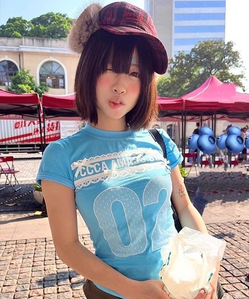 AsheKsha tシャツ 半袖 「Y2K 甘めガーリー」レースリボン数字プリント