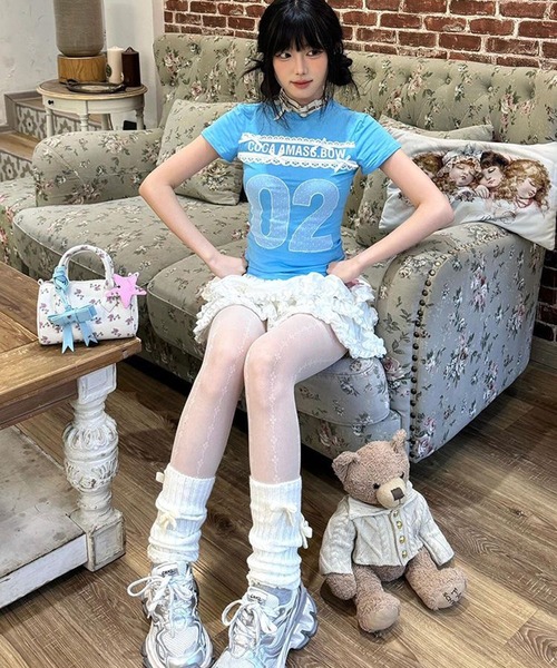 AsheKsha tシャツ 半袖 「Y2K 甘めガーリー」レースリボン数字プリント