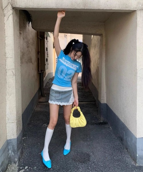 AsheKsha tシャツ 半袖 「Y2K 甘めガーリー」レースリボン数字プリント