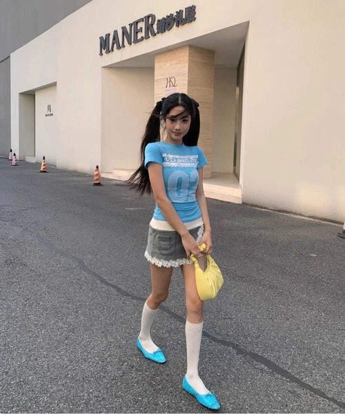 タグ付き⭐ COMME des GARCONS リボン Tシャツ Y2K XS AsheKsha tシャツ 半袖 「Y2K 甘めガーリー」レースリボン数字プリント