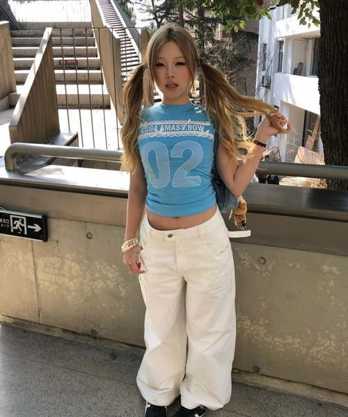 AsheKsha tシャツ 半袖 「Y2K 甘めガーリー」レースリボン数字プリント
