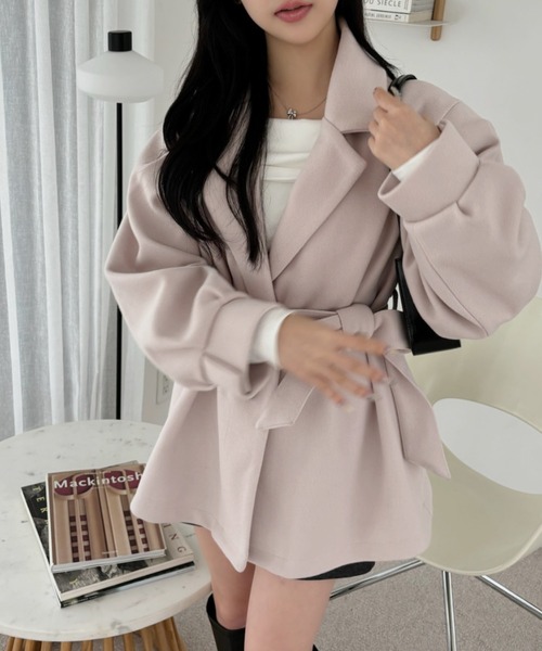 Ada. コート アウター リボンベルト 付き ボリュームスリーブ ショート