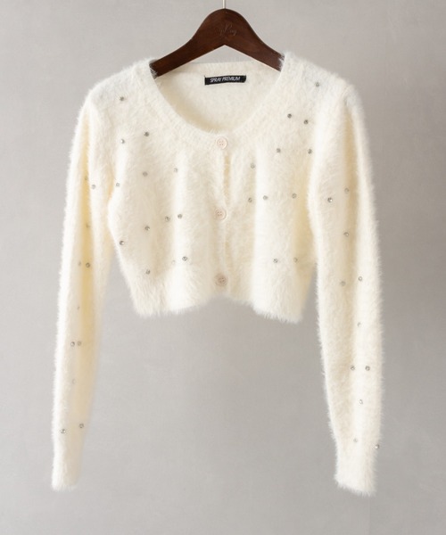 FOXEY フログラント クロップドカーディガン シルク ラインストーン  