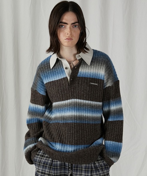 ポロシャツ ポロ カスリボーダーラガーニット / Blur Border Rugger Knit レディース メンズ PRANK PROJECT ポロシャツ ポロ カスリボーダーラガーニット