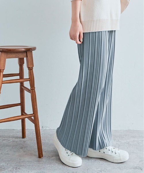 アコーディオンプリーツ パンツ ストレッチ プリーツパンツ 無地 上品 パンツ セルフカット アコーディオン プリーツ ワイドパンツ