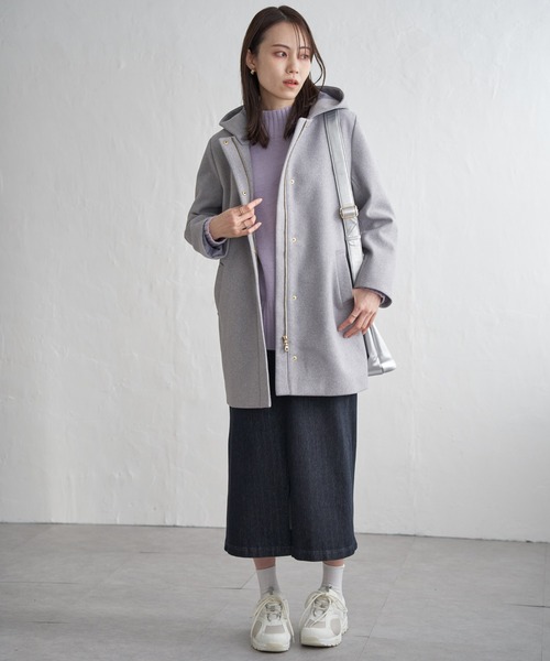 IKKA LOUNGE ノーカラーコート コート ウールライクストレッチフード