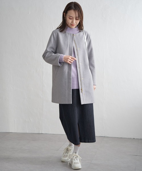 IKKA LOUNGE ノーカラーコート コート ウールライクストレッチフード