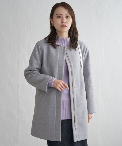 IKKA LOUNGE ノーカラーコート コート ウールライクストレッチフード