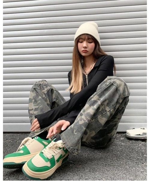 FUNdaysion パンツ 迷彩柄ワイドストレートワークパンツ レディース