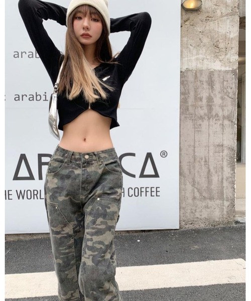 FUNdaysion パンツ 迷彩柄ワイドストレートワークパンツ レディース