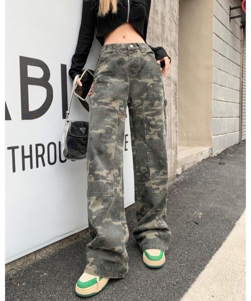 FUNdaysion パンツ 迷彩柄ワイドストレートワークパンツ レディース