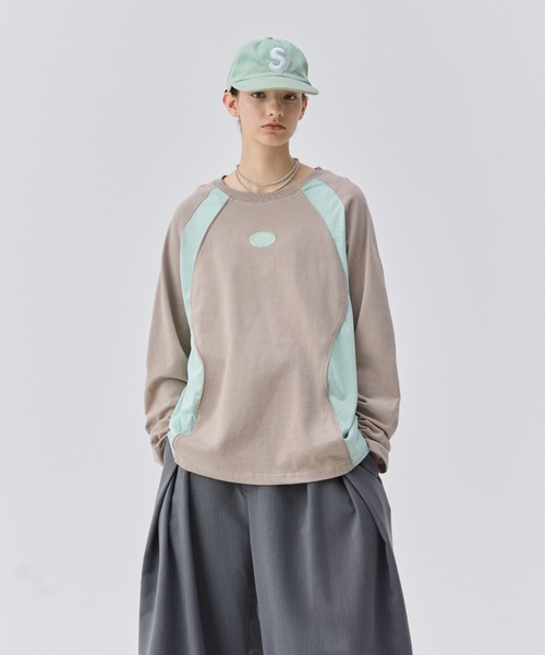 soerte メッシュ切り替えロングスリーブT グレー S soerte tシャツ MESH PANEL LONG SLEEVE TEE / メッシュ切り替え