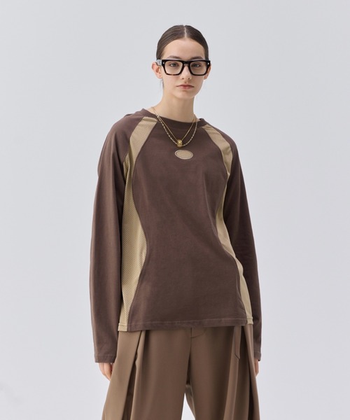 ［soerte］メッシュスイッチングパッチワークロングスリーブ ブラックサイズ3 MESH SWITCHING PATCHWORK LONG SLEEVE-T/メッシュスイッチング
