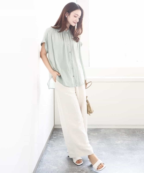 ブラウス シャツ バンドカラーサテンブラウス/接触冷感/洗える レディース MK MICHEL KLEIN ブラウス シャツ バンドカラーサテンブラウス