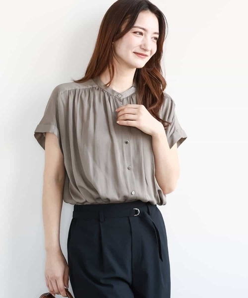 ブラウス シャツ バンドカラーサテンブラウス/接触冷感/洗える レディース MK MICHEL KLEIN ブラウス シャツ バンドカラーサテンブラウス
