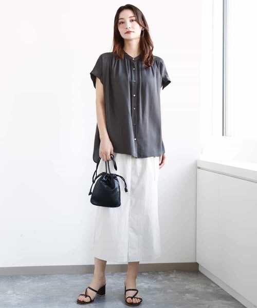ブラウス シャツ バンドカラーサテンブラウス/接触冷感/洗える レディース MK MICHEL KLEIN ブラウス シャツ バンドカラーサテンブラウス