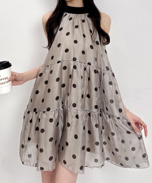 PLT★ホルターネック シフォン ドット柄 ミニ ワンピース ドレス Mejoul ワンピース ドット柄ホルターネックシフォンワンピース