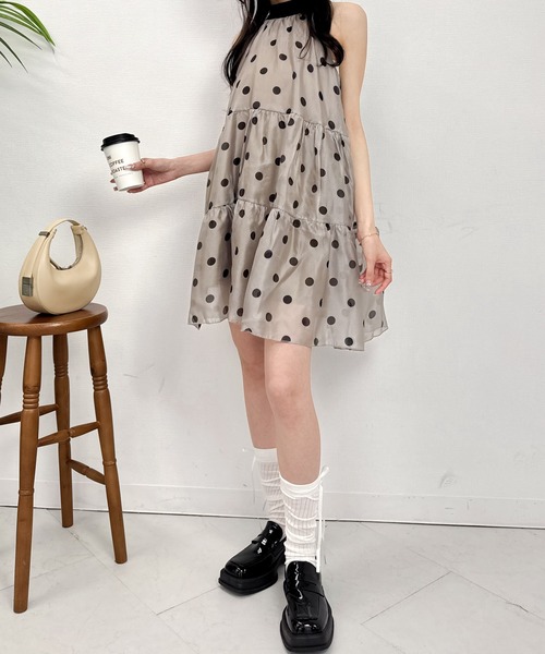 PLT★ホルターネック シフォン ドット柄 ミニ ワンピース ドレス Mejoul ワンピース ドット柄ホルターネックシフォンワンピース