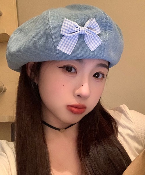 gossip!ロサンゼルス 帽子 ベレー帽 リボンアクセント ステッチベレー