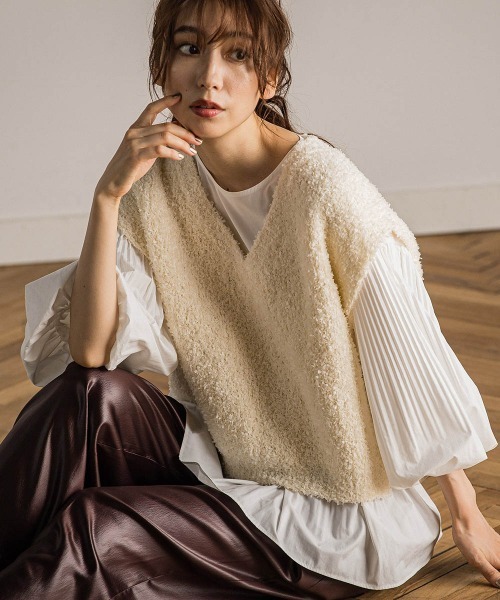 「Droite lautreamont」 Vネックニット M ベージュ レディース_画像3