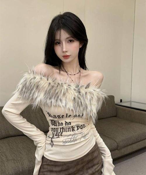 DEVICE（デバイス） tシャツ ボリューム ファー オフショルダーギャル