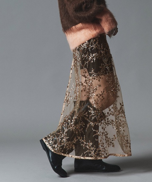 W：Huku スカート フラワー スパンコール ラップ スカート / Flower