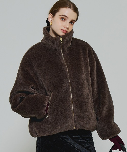 coca　フェイクファースタンドカラーブルゾン　ブラウン　Ｌ coca（コカ） ブルゾン アウター フェイクファースタンドカラー