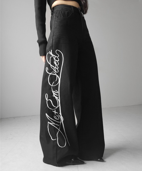 刺繍入りブラックデニムパンツ me+em select（ミームセレクト） ジーンズ デニム デニムパンツ