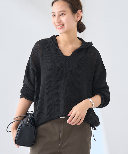 Framework / フレームワーク | 2021SS | コットン メッシュクロップドプルオーバー | ブラック | レディース FRAMeWORK（フレームワーク） tシャツ メッシュフードプルオーバー