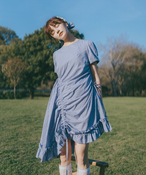 ワンピース 夏 半袖 drawstring gingham check onepiece / ドロスト