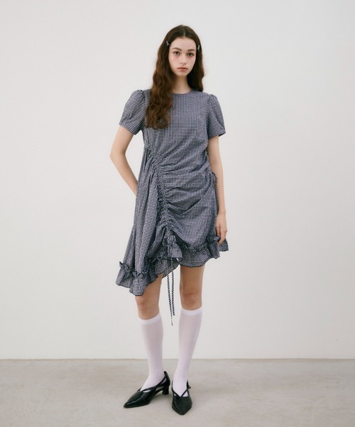 と*を様 idem drawstring gingham check onepi ワンピース 夏 半袖 drawstring gingham check onepiece / ドロスト