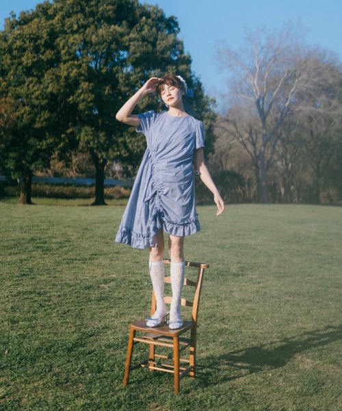 ワンピース 夏 半袖 drawstring gingham check onepiece / ドロスト
