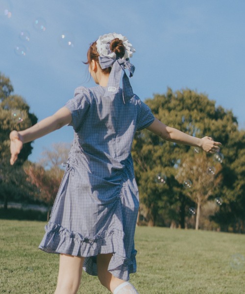 ワンピース 夏 半袖 drawstring gingham check onepiece / ドロスト