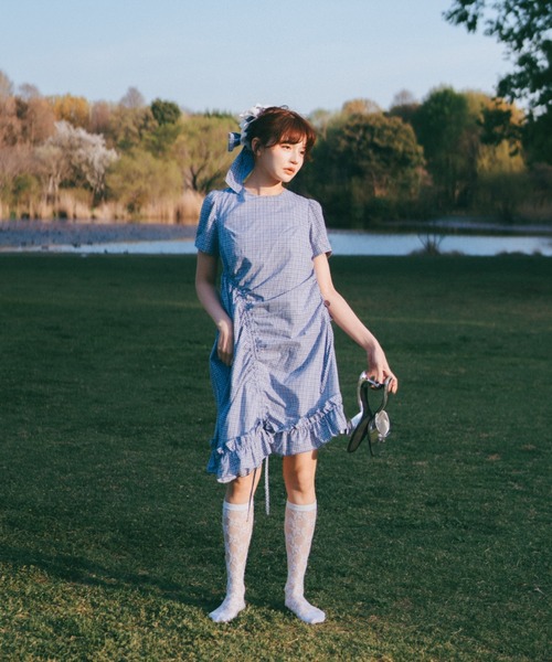 ワンピース 夏 半袖 drawstring gingham check onepiece / ドロスト