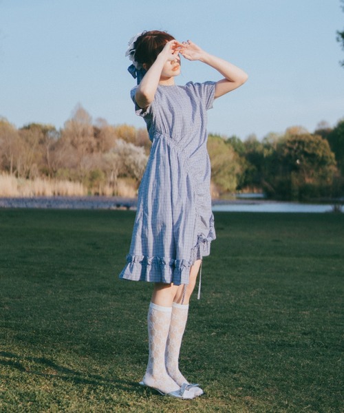 ワンピース 夏 半袖 drawstring gingham check onepiece / ドロスト