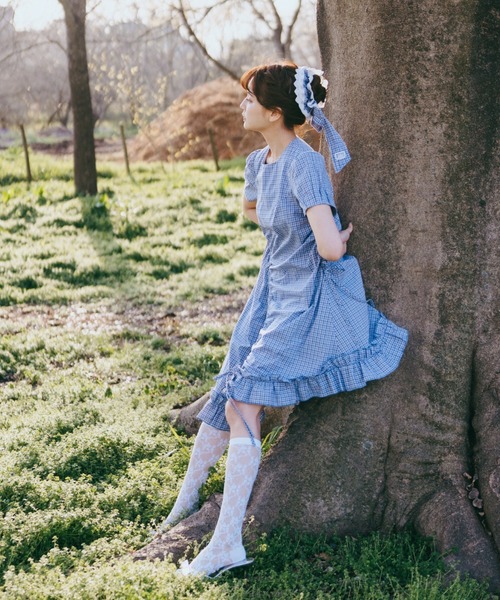 ワンピース 夏 半袖 drawstring gingham check onepiece / ドロスト