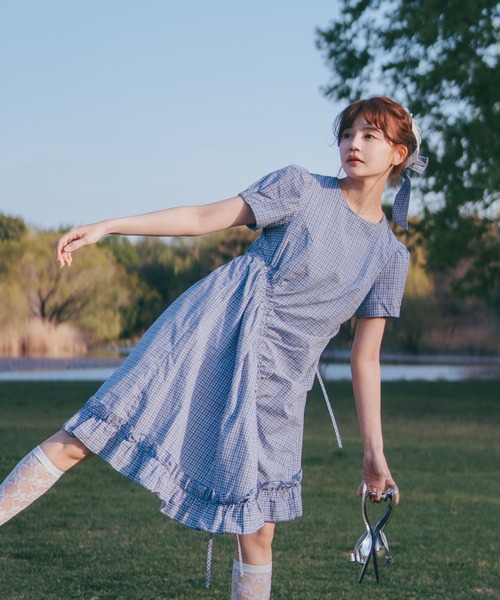 ワンピース　確認用 ワンピース 夏 半袖 drawstring gingham check onepiece / ドロスト