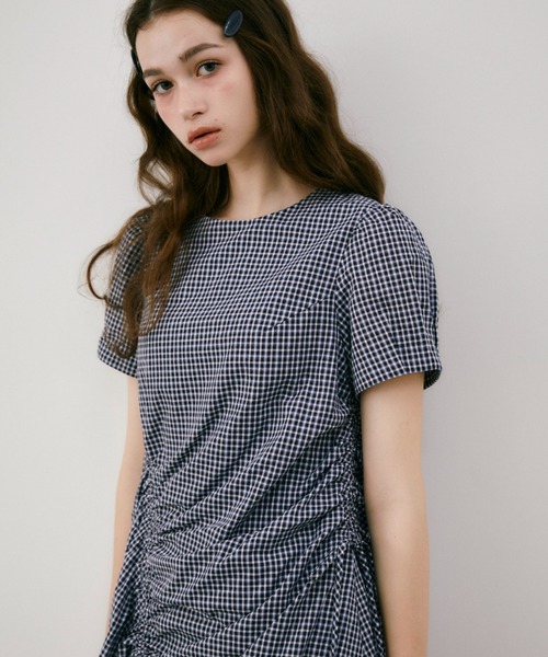 ワンピース 夏 半袖 drawstring gingham check onepiece / ドロスト