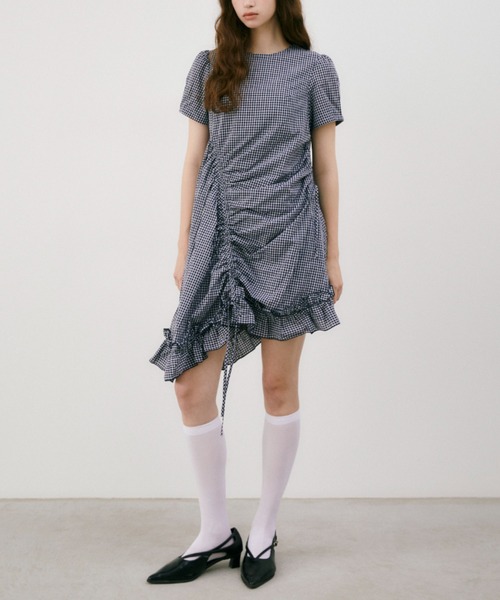 と*を様 idem drawstring gingham check onepi ワンピース 夏 半袖 drawstring gingham check onepiece / ドロスト