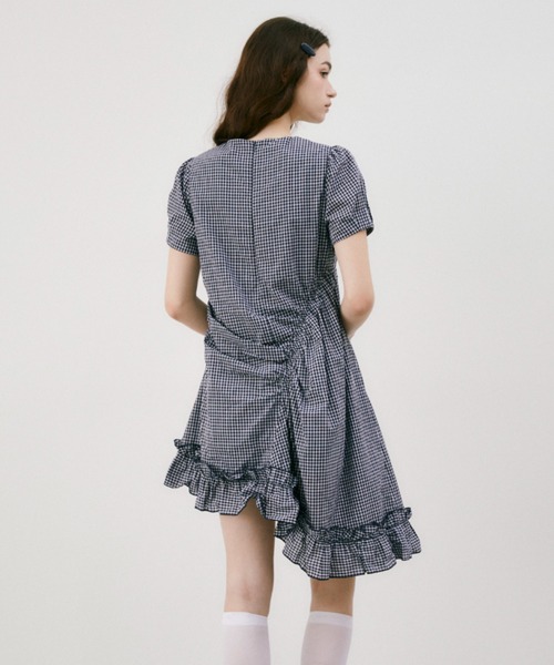 ワンピース 夏 半袖 drawstring gingham check onepiece / ドロスト