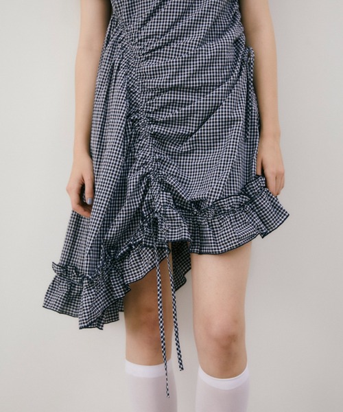 ワンピース 夏 半袖 drawstring gingham check onepiece / ドロスト